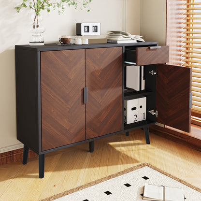 Ashbury Chevron Storage Cabinet, 35.5", Black with Wooden Doors