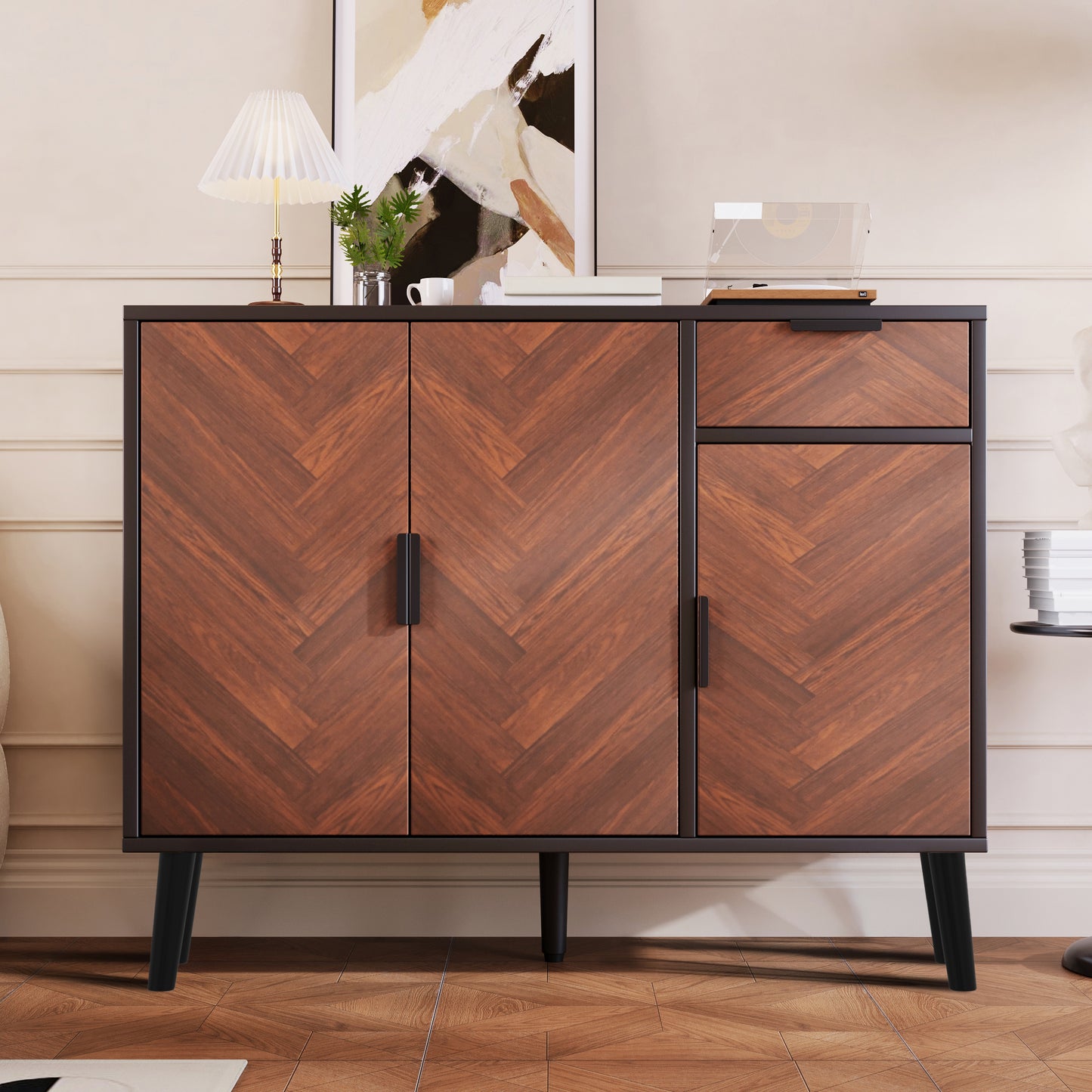 Ashbury Chevron Storage Cabinet, 35.5", Black with Wooden Doors