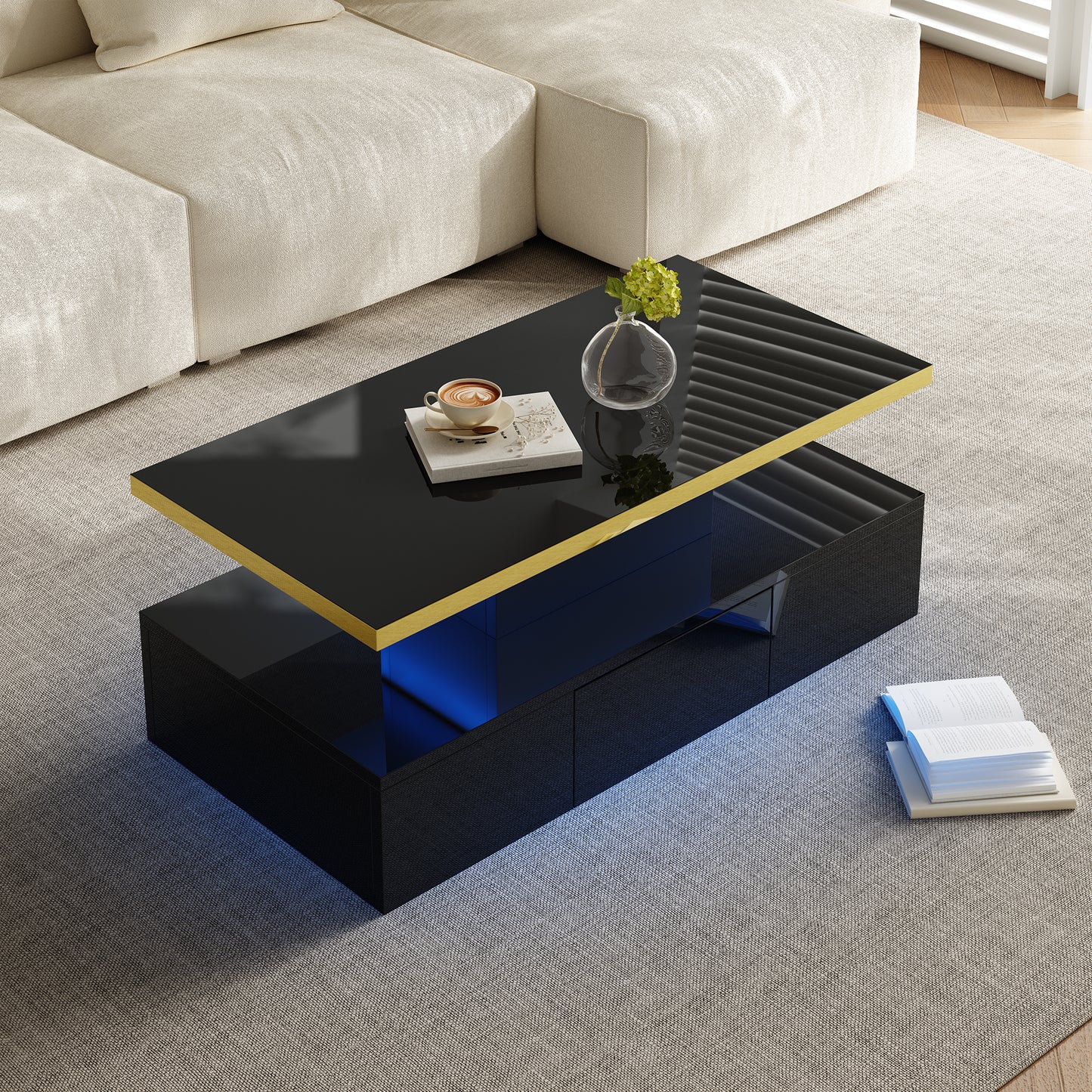 Nova High-Gloss Coffee Table with LED Lighting and Storage, Black