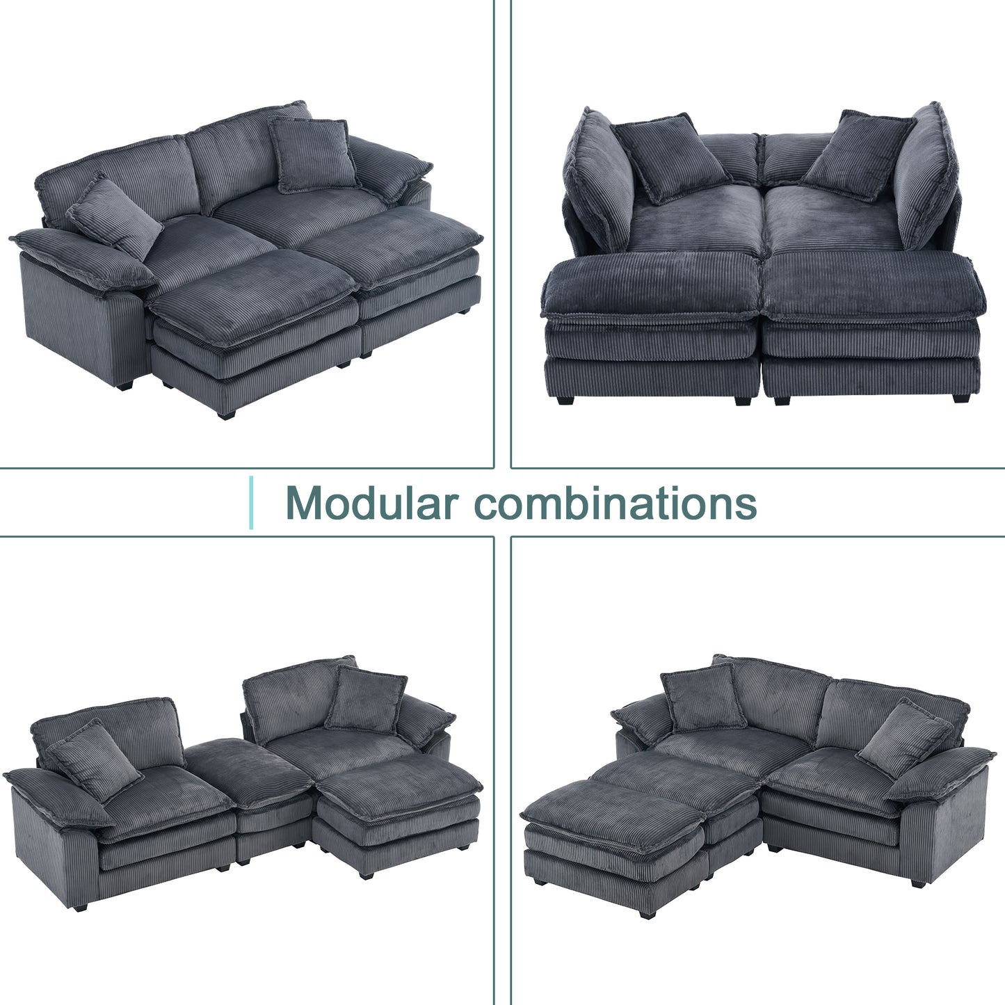 Everett Modular Sofa Set with Ottomans, Grey Corduroy