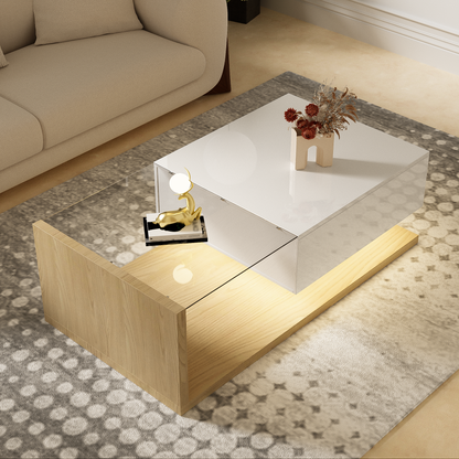 Cavara High-Gloss LED Coffee Table with Glass Top and Storage, White & Wood-Grain