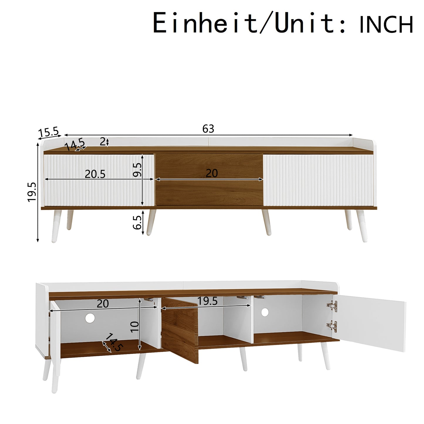 Solen Modern Wood TV Stand with Three-Door Storage, White and Natural