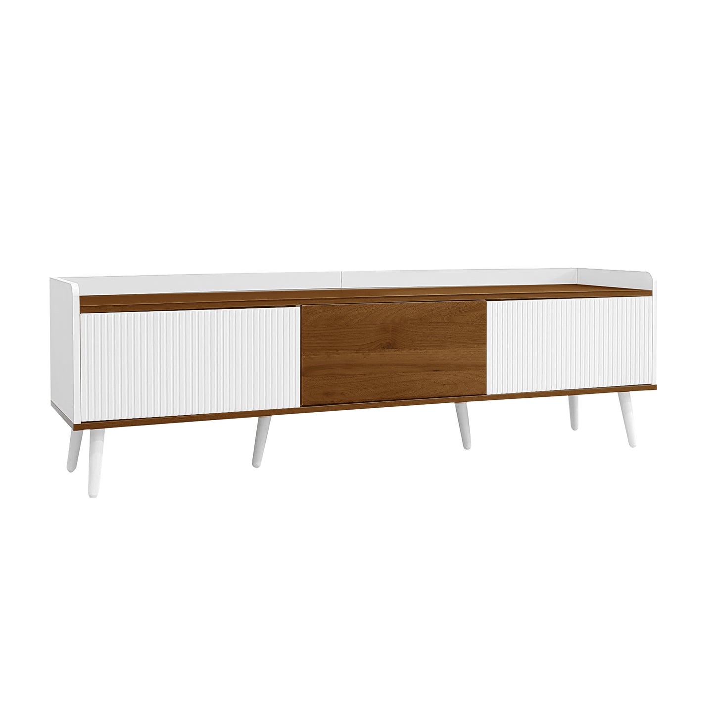 Solen Modern Wood TV Stand with Three-Door Storage, White and Natural