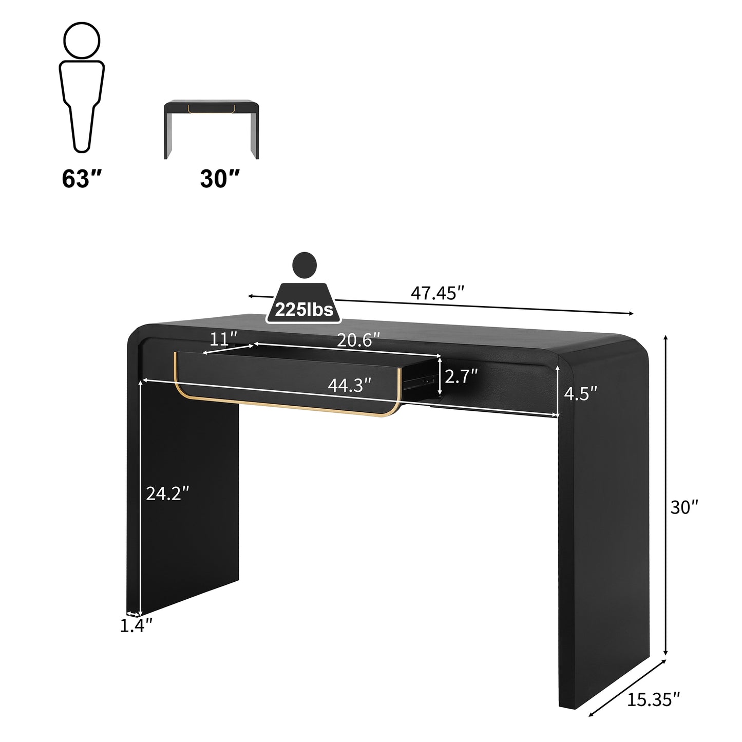 Noirvale Console Table, 47.25", Black