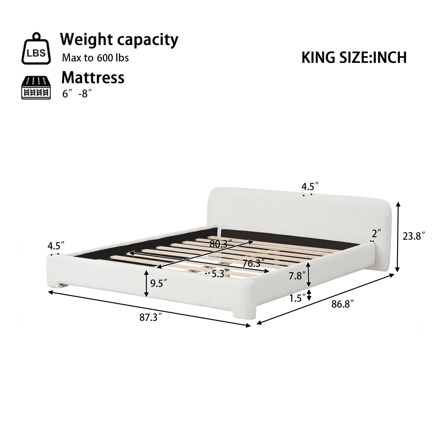 Aveline Boucle Upholstered Platform Bed, King, White