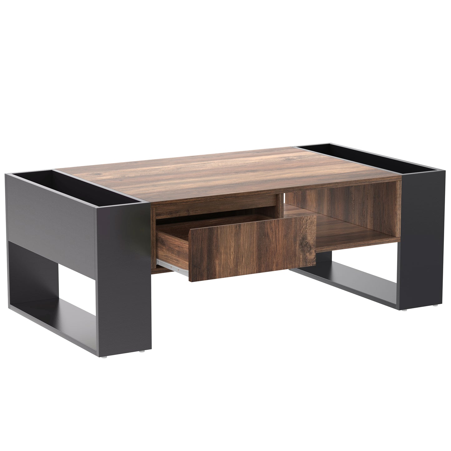 Ravenna Wood-Pattern Coffee Table with Open Side Storage and Drawer, Wood/Grey-Black