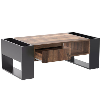 Ravenna Wood-Pattern Coffee Table with Open Side Storage and Drawer, Wood/Grey-Black