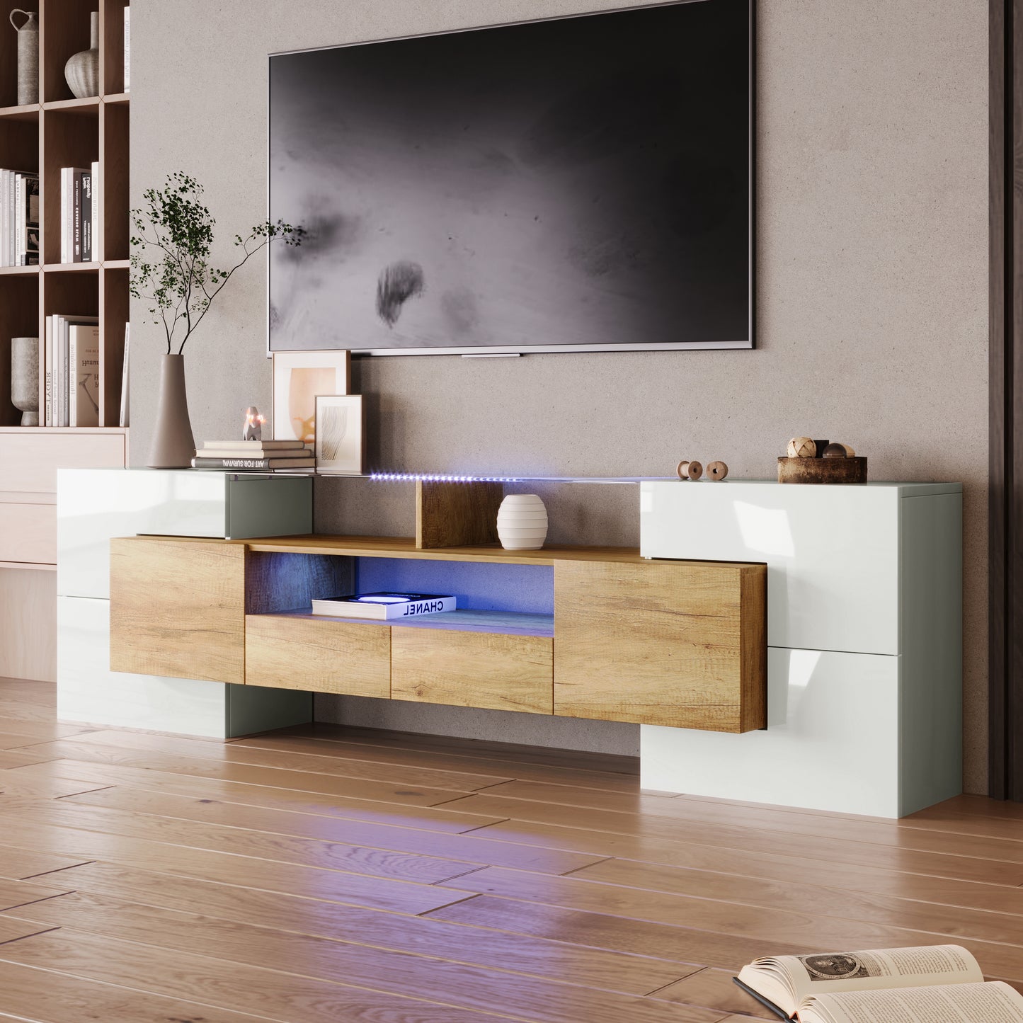 Yorkton TV Stand High-Gloss Modern with LED Lights, 78.7", White and Natural Oak