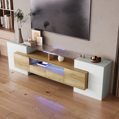 Yorkton TV Stand High-Gloss Modern with LED Lights, 78.7", White and Natural Oak