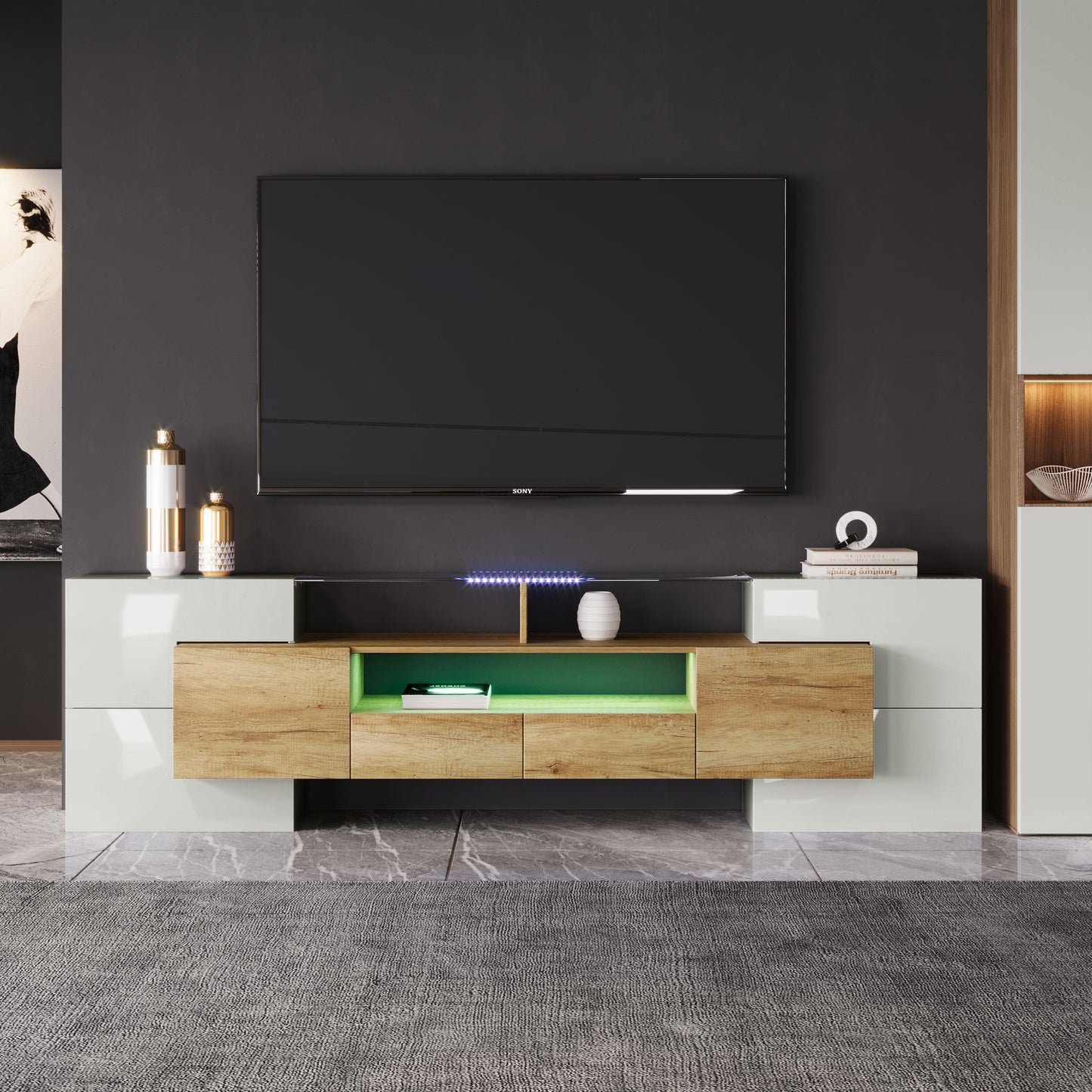 Yorkton TV Stand High-Gloss Modern with LED Lights, 78.7", White and Natural Oak