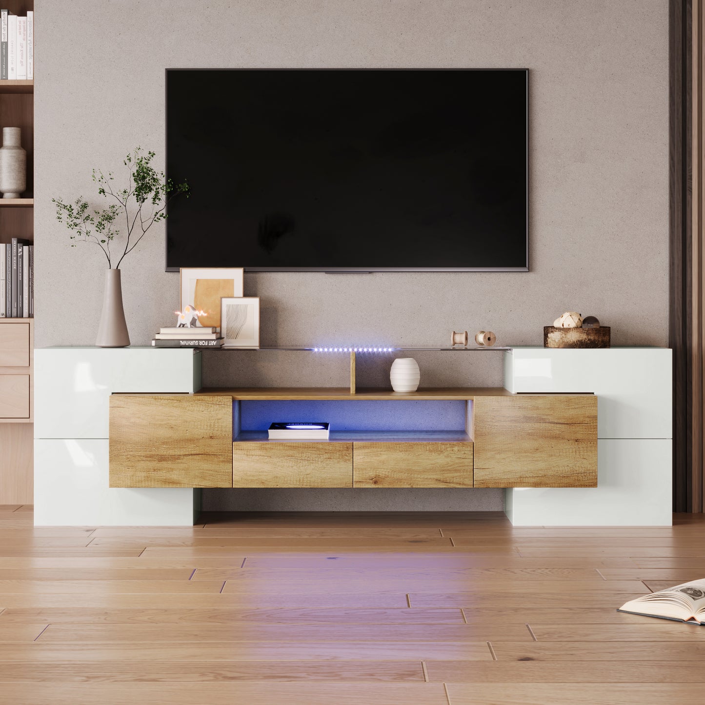 Yorkton TV Stand High-Gloss Modern with LED Lights, 78.7", White and Natural Oak