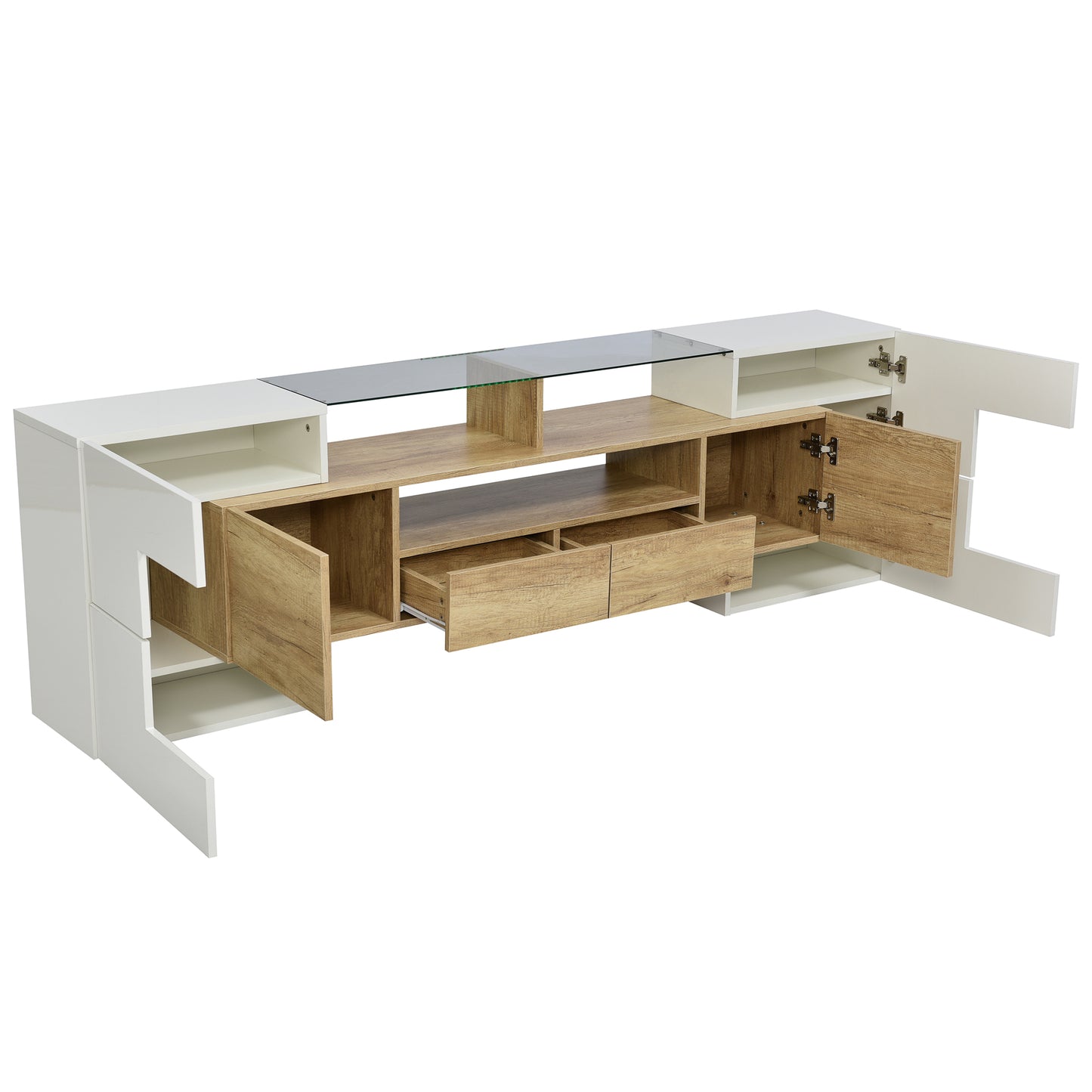 Yorkton TV Stand High-Gloss Modern with LED Lights, 78.7", White and Natural Oak