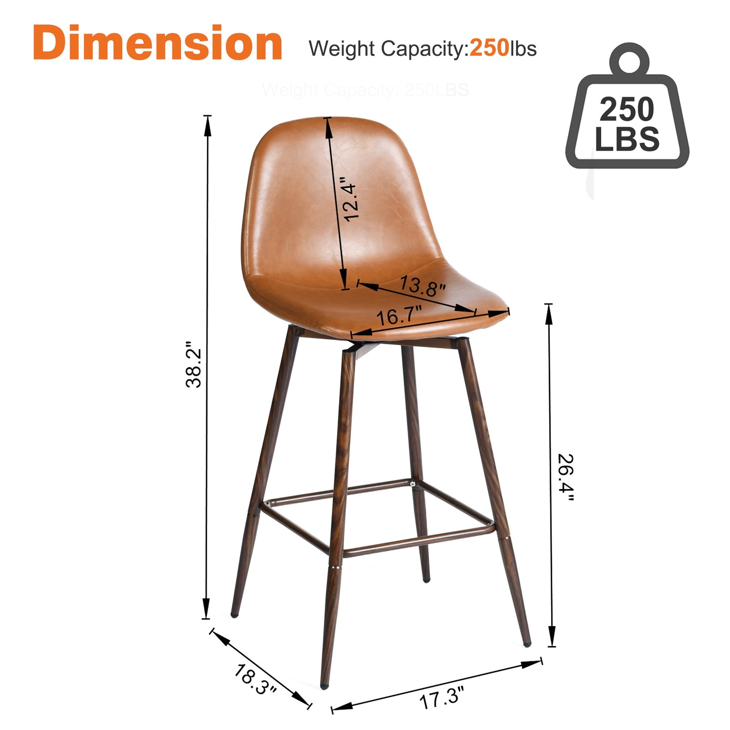 Charlton Faux Leather Counter Height Bar Stools, 26", Set of 2, Cognac