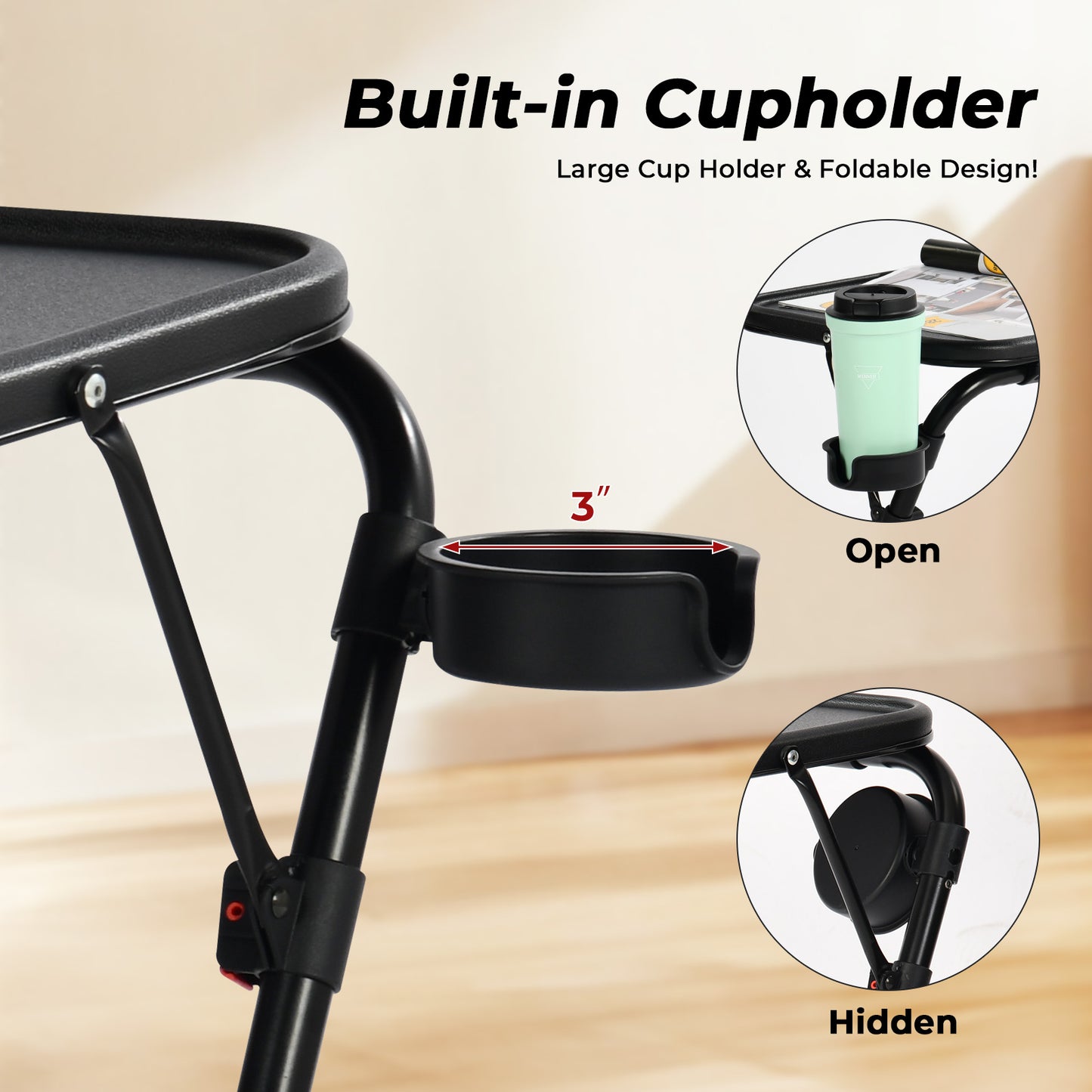 Baseline Modern Foldable Tray Table, Adjustable Height, Black