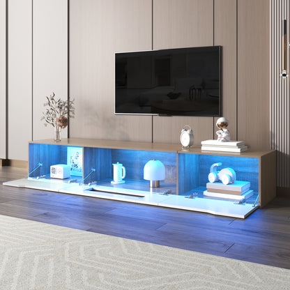Rosemount LED TV Stand with Storage, 71", High-Gloss White and Oak Finish