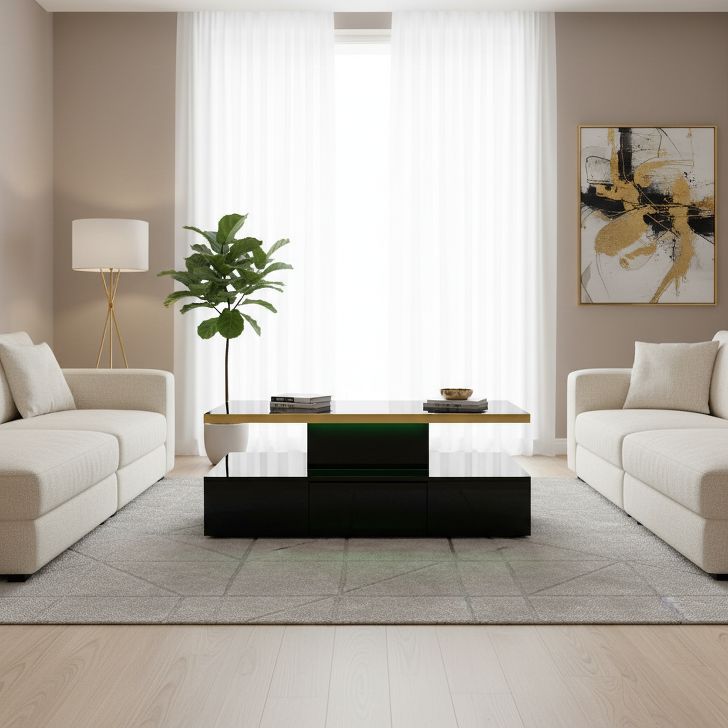 Nova High-Gloss Coffee Table with LED Lighting and Storage, Black