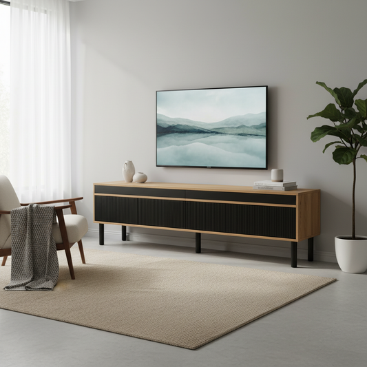 Norden Modern Wood TV Stand with Four-Door Storage, Black and Natural