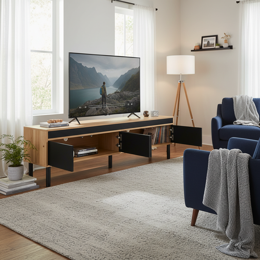 Norden Modern Wood TV Stand with Four-Door Storage, Black and Natural