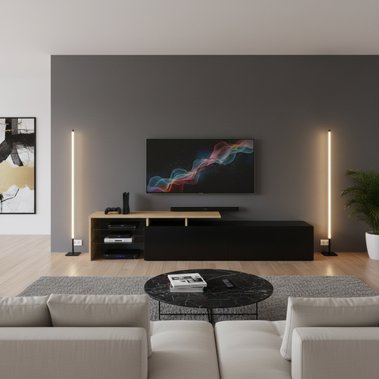 Oden Modern LED TV Stand with Storage Drawers, Black and Natural