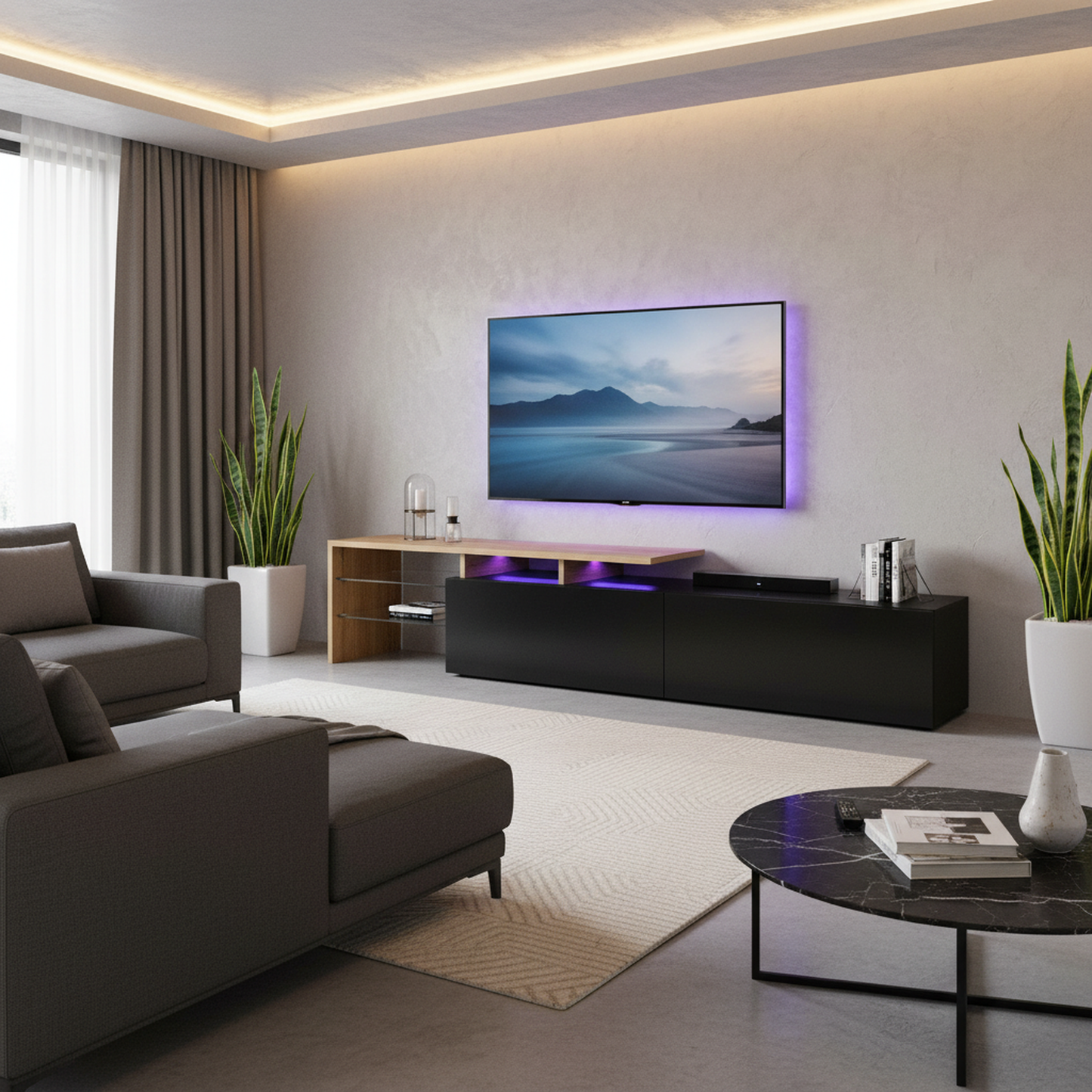 Oden Modern LED TV Stand with Storage Drawers, Black and Natural