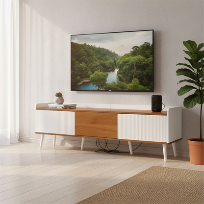 Solen Modern Wood TV Stand with Three-Door Storage, White and Natural