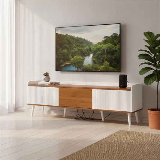 Solen Modern Wood TV Stand with Three-Door Storage, White and Natural