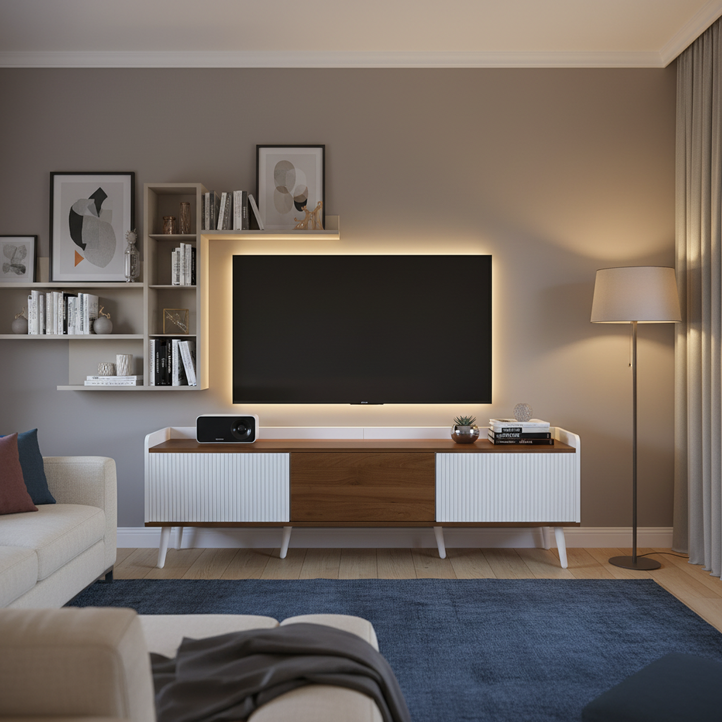 Solen Modern Wood TV Stand with Three-Door Storage, White and Natural