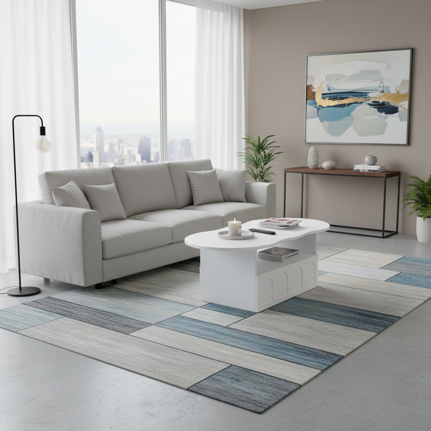 Aura Modern Coffee Table, Organic Curved Silhouette with Storage, White