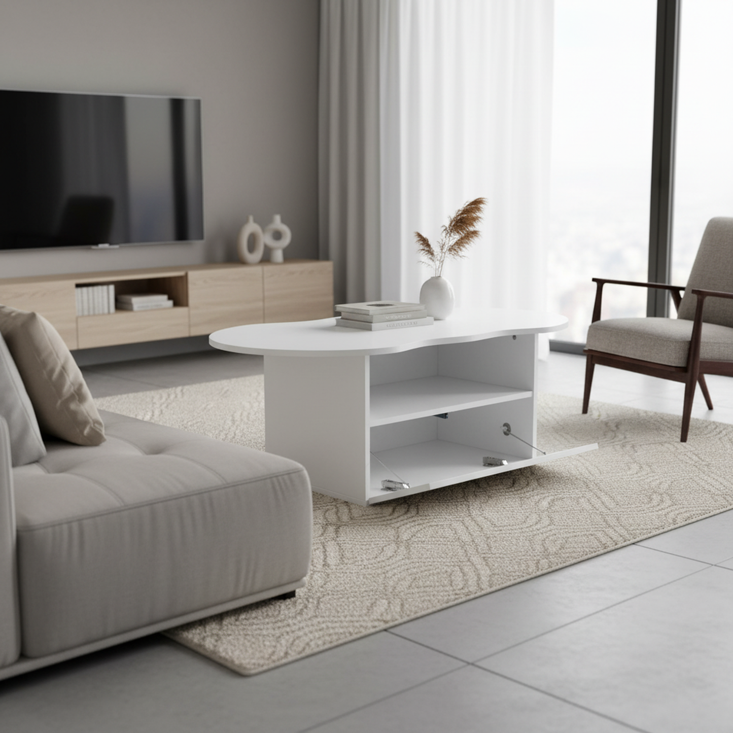 Aura Modern Coffee Table, Organic Curved Silhouette with Storage, White