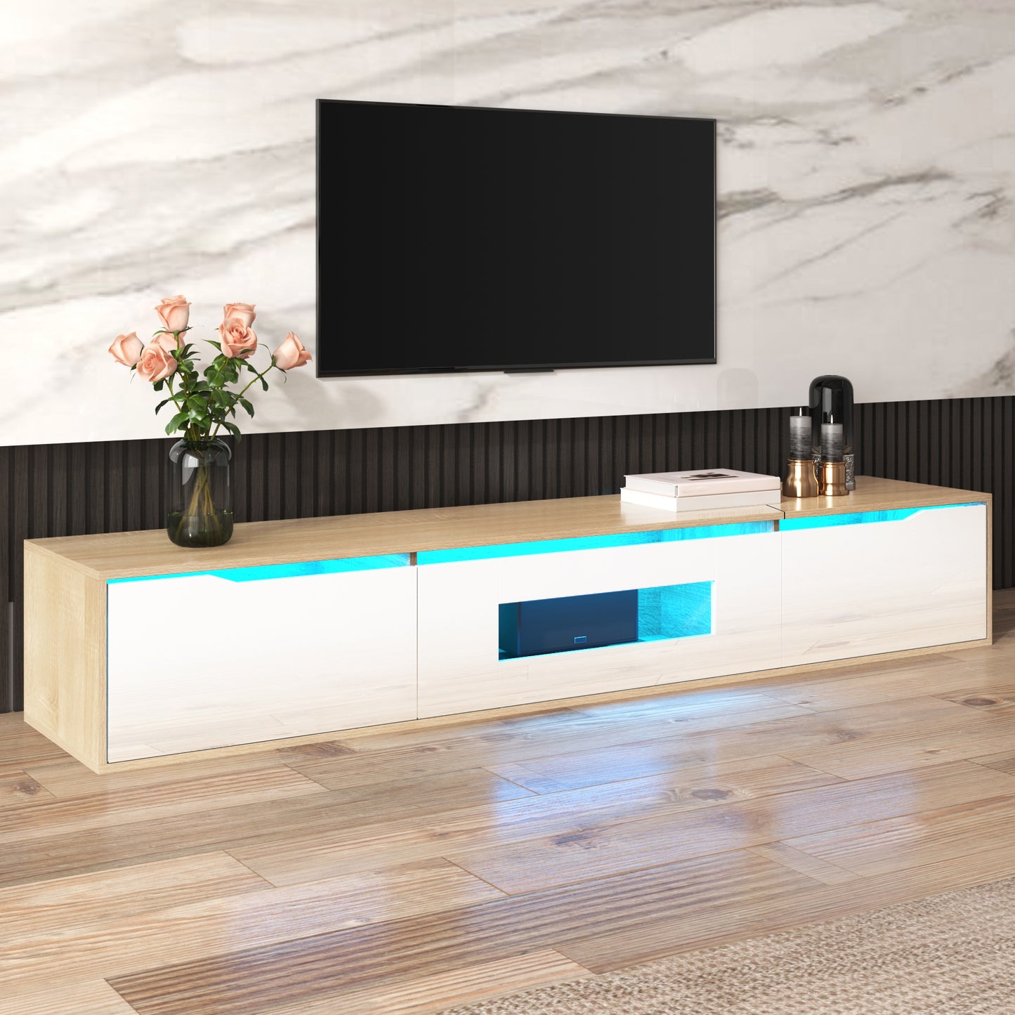 Rosemount LED TV Stand with Storage, 71", High-Gloss White and Oak Finish