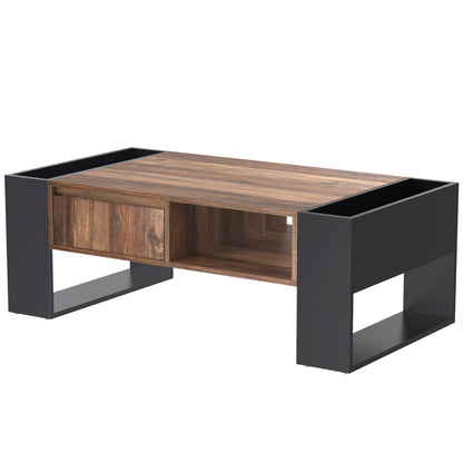 Ravenna Wood-Pattern Coffee Table with Open Side Storage and Drawer, Wood/Grey-Black