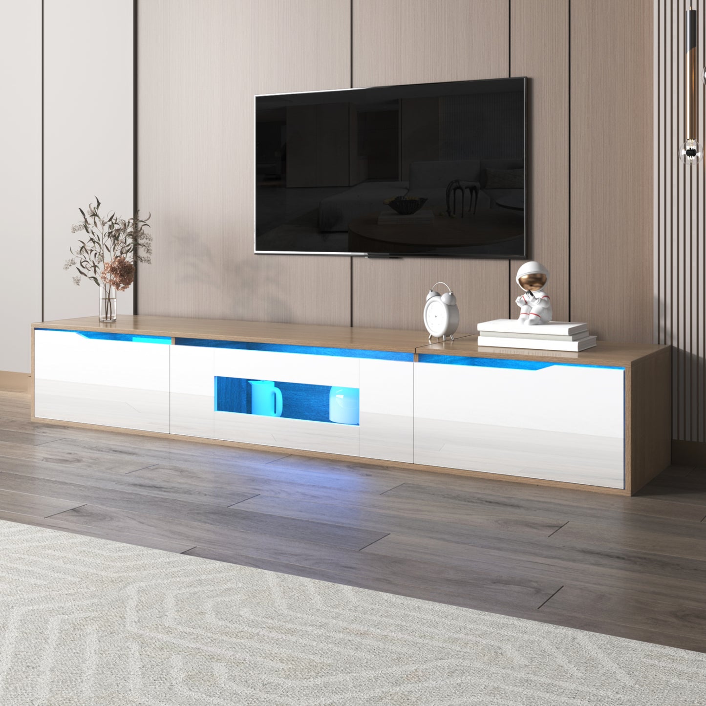 Rosemount LED TV Stand with Storage, 71", High-Gloss White and Oak Finish
