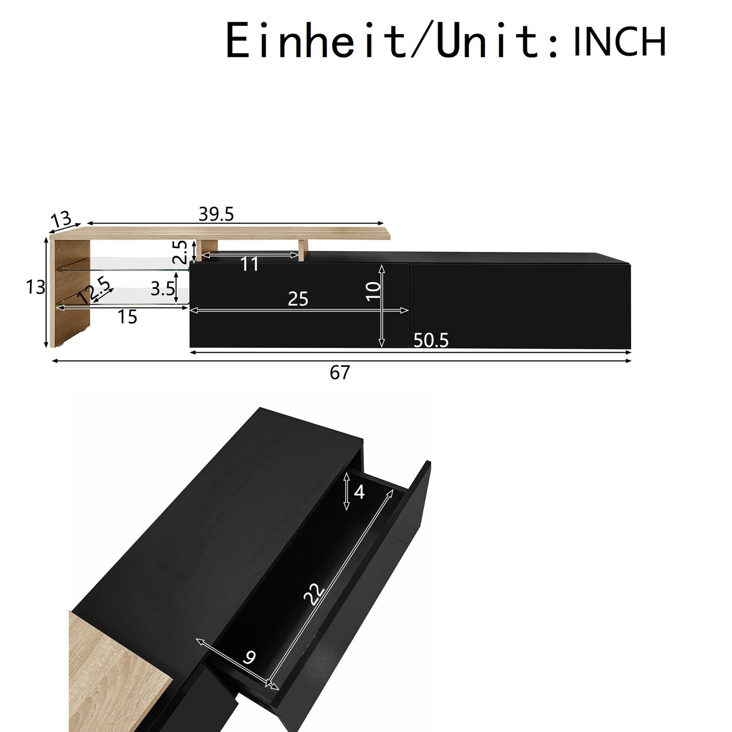 Oden Modern LED TV Stand with Storage Drawers, Black and Natural