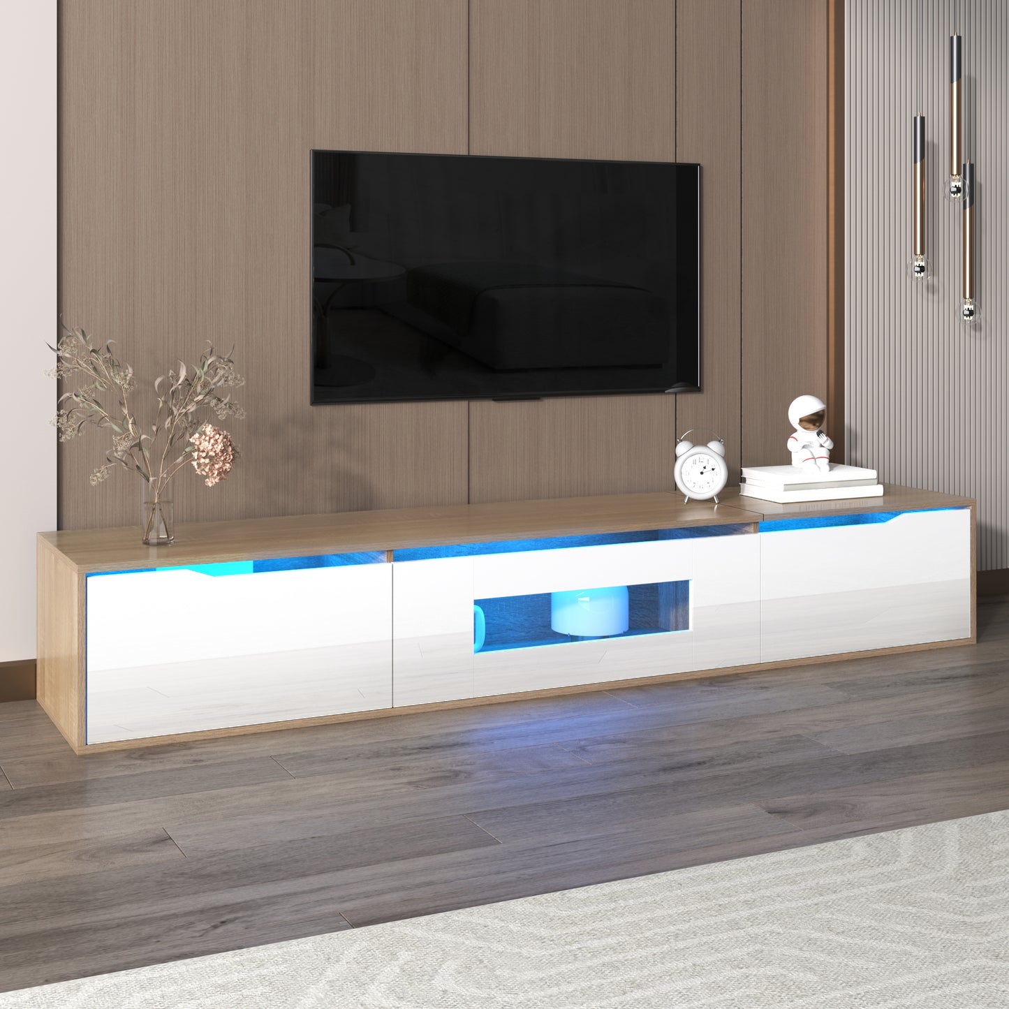 Rosemount LED TV Stand with Storage, 71", High-Gloss White and Oak Finish