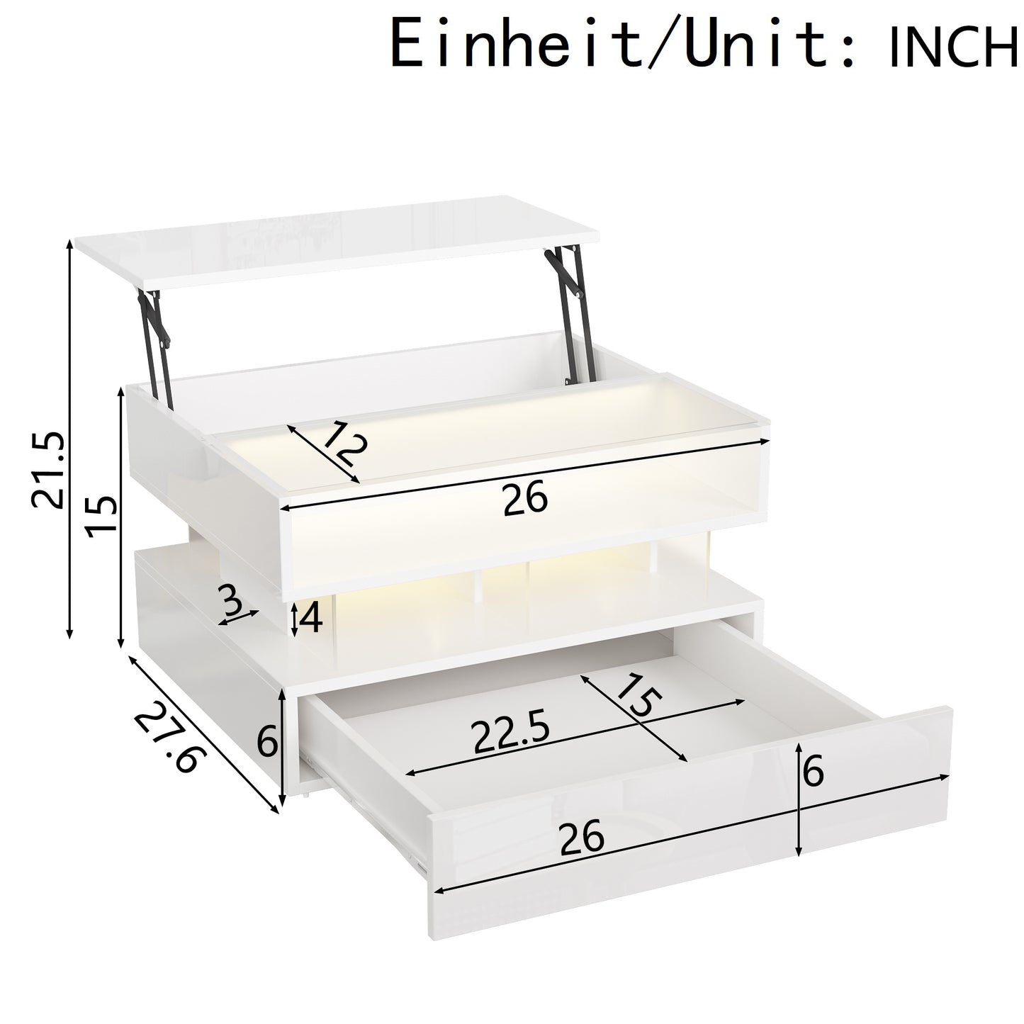 Evalo High-Gloss LED Lift-Top Coffee Table with Drawer Storage, White