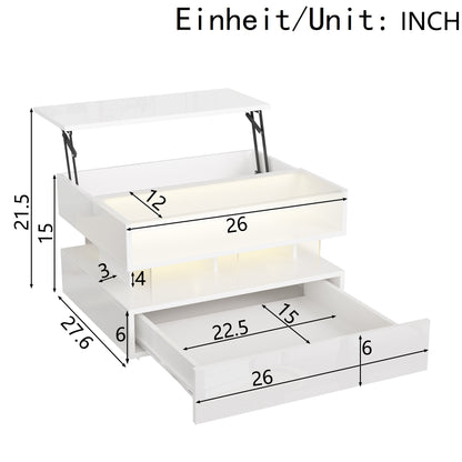 Evalo High-Gloss LED Lift-Top Coffee Table with Drawer Storage, White