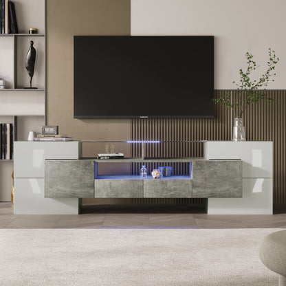 Yorkton TV Stand High-Gloss Modern with LED Lights, 78.7", White and Gray Concrete