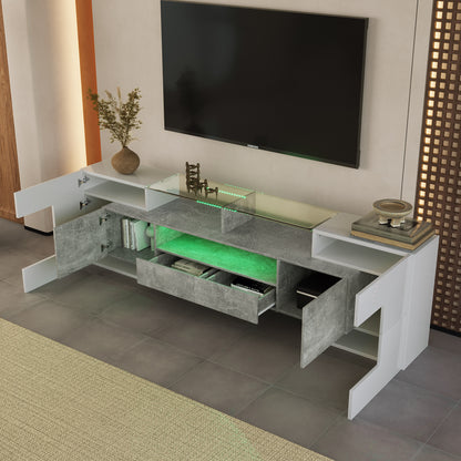 Yorkton TV Stand High-Gloss Modern with LED Lights, 78.7", White and Gray Concrete