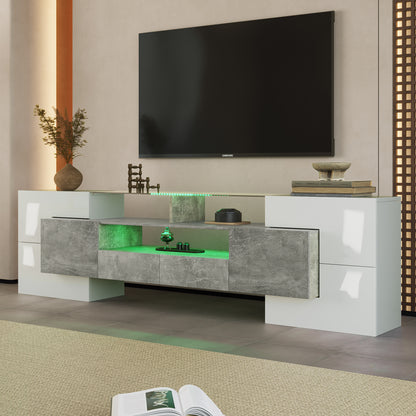 Yorkton TV Stand High-Gloss Modern with LED Lights, 78.7", White and Gray Concrete