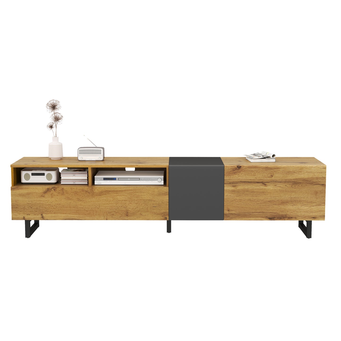 Evergreen Modern TV Stand with Storage, 67", Oak and Graphite