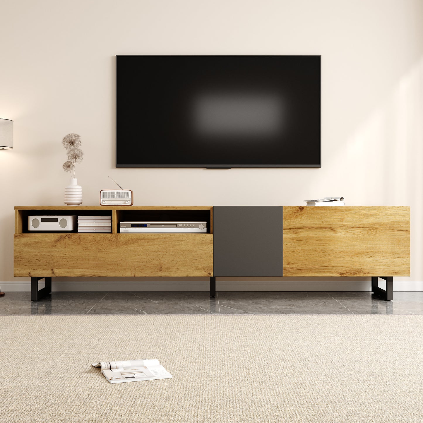 Evergreen Modern TV Stand with Storage, 67", Oak and Graphite