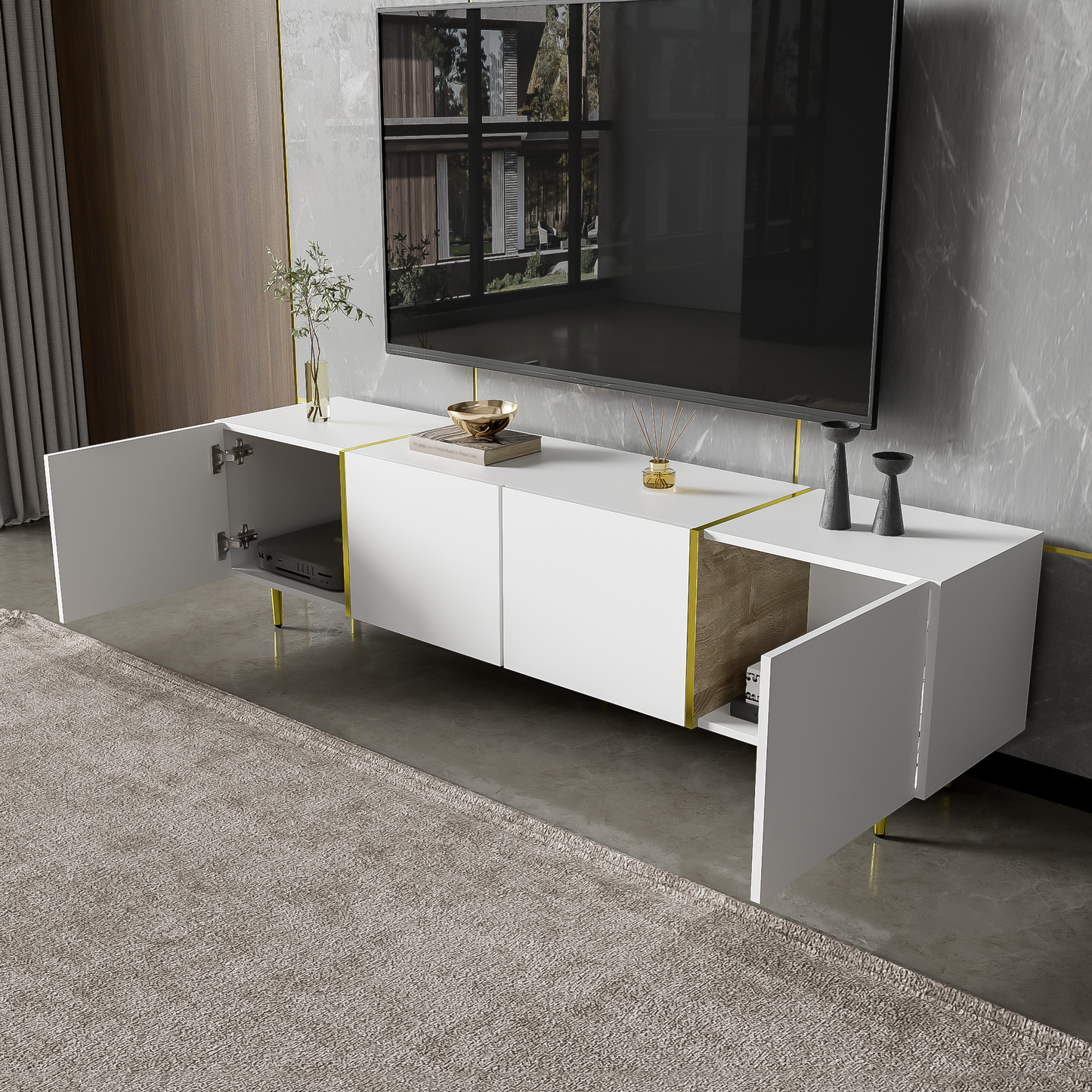 Goldridge Lacquered White TV Stand with Storage, 67", White and Gold Accent