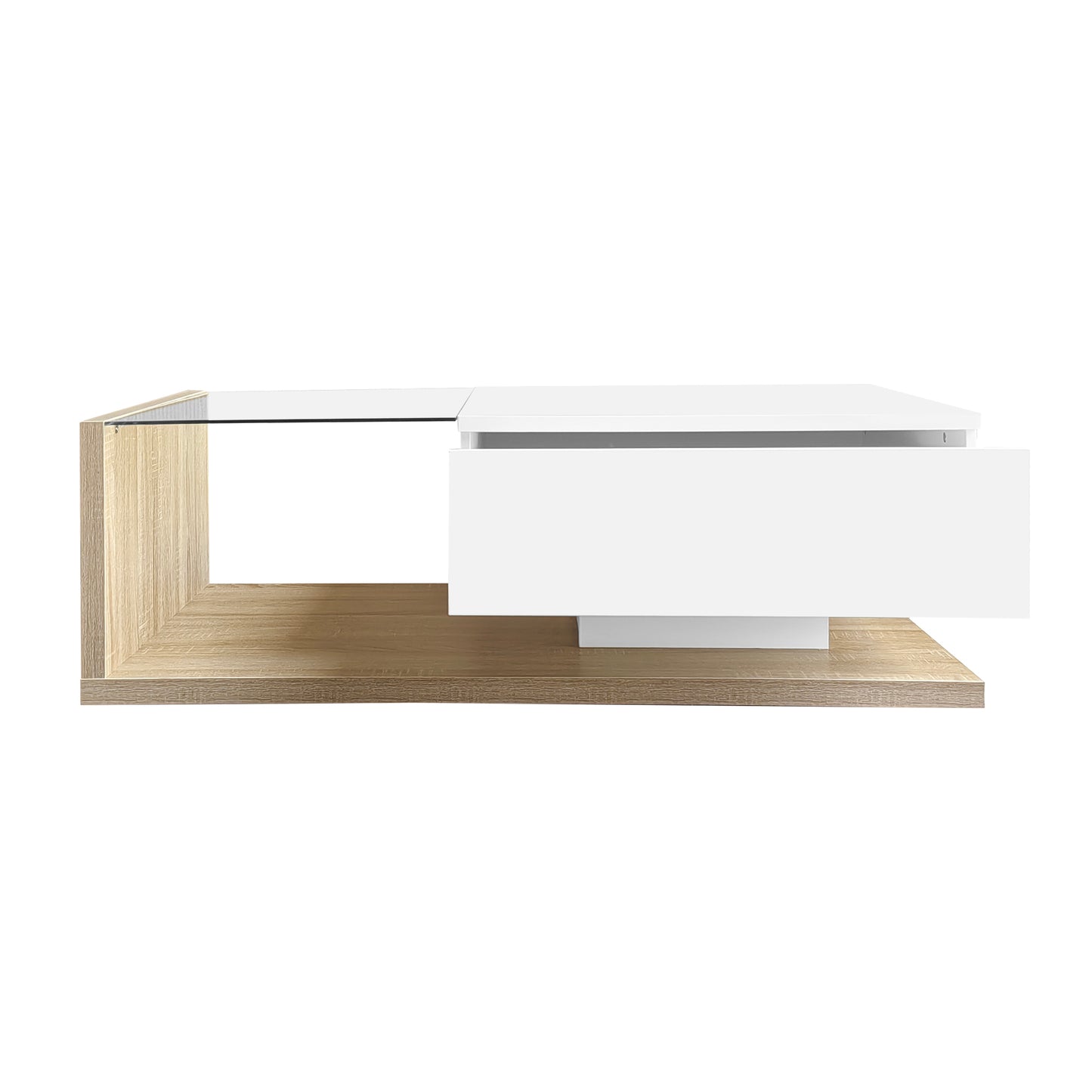 Cavara High-Gloss LED Coffee Table with Glass Top and Storage, White & Wood-Grain