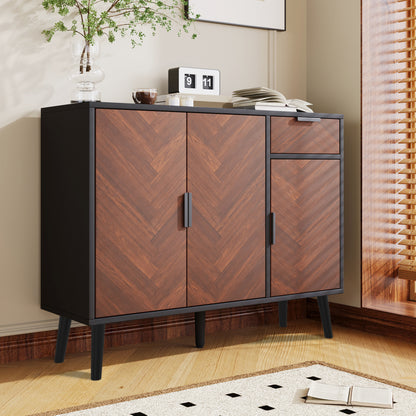 Ashbury Chevron Storage Cabinet, 35.5", Black with Wooden Doors