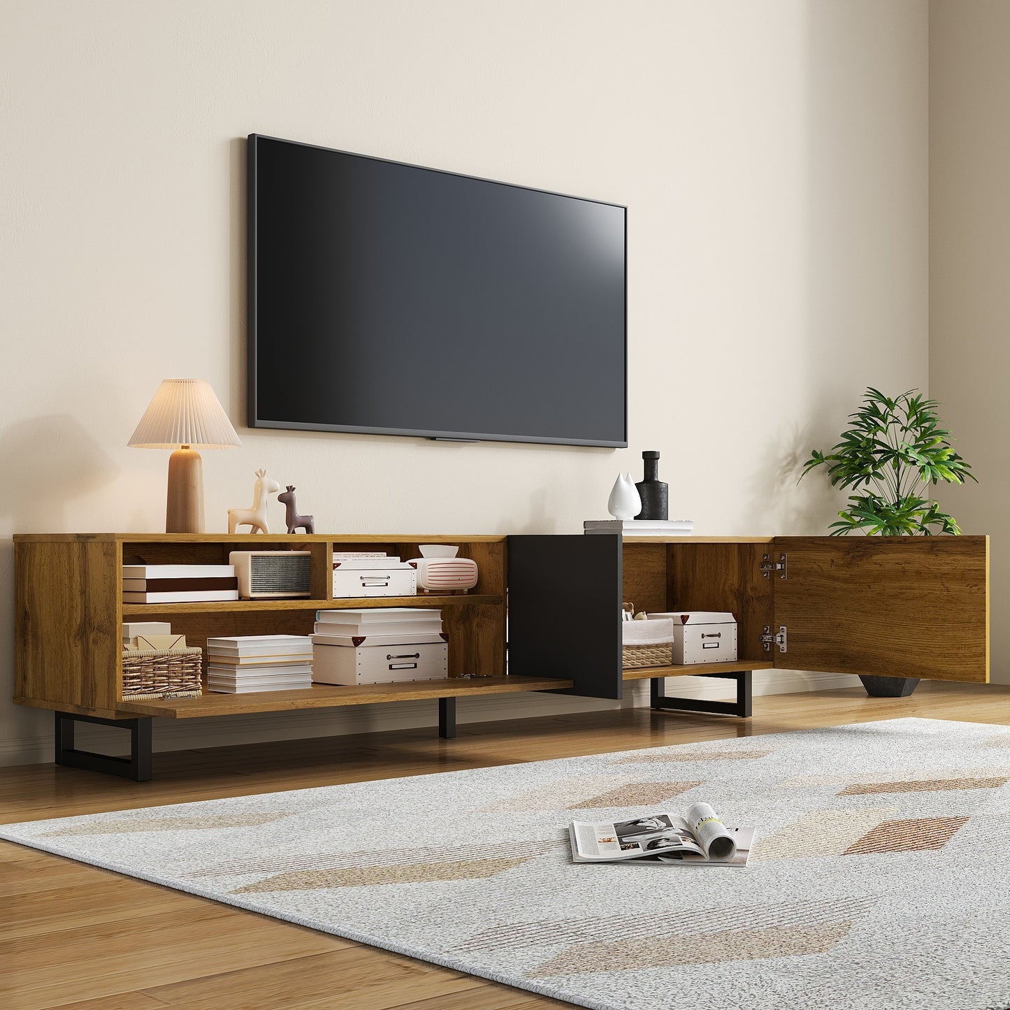 Evergreen Modern TV Stand with Storage, 67", Oak and Graphite