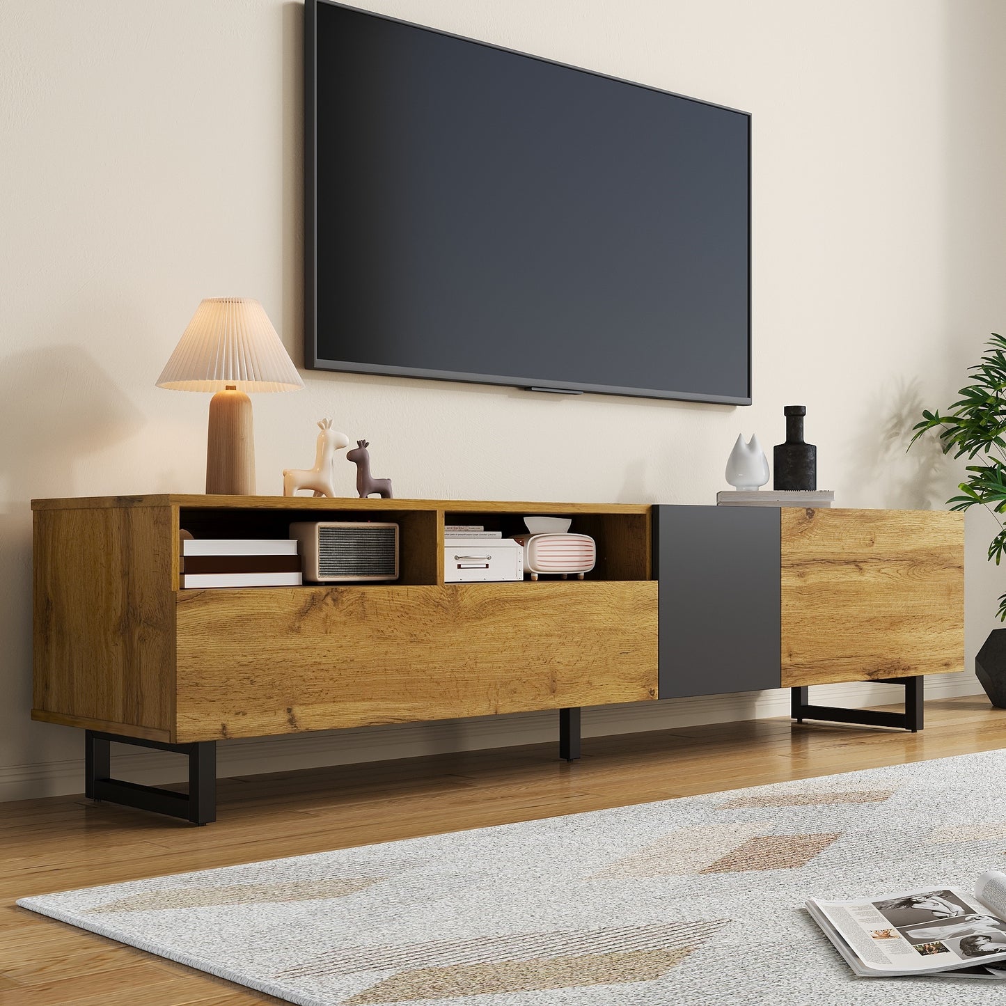 Evergreen Modern TV Stand with Storage, 67", Oak and Graphite