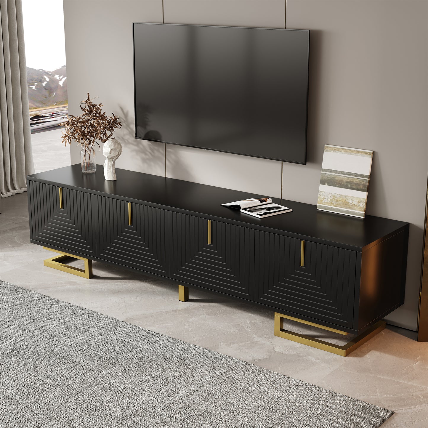 Meridian Geometric TV Stand with Gold Accents, 63", Black