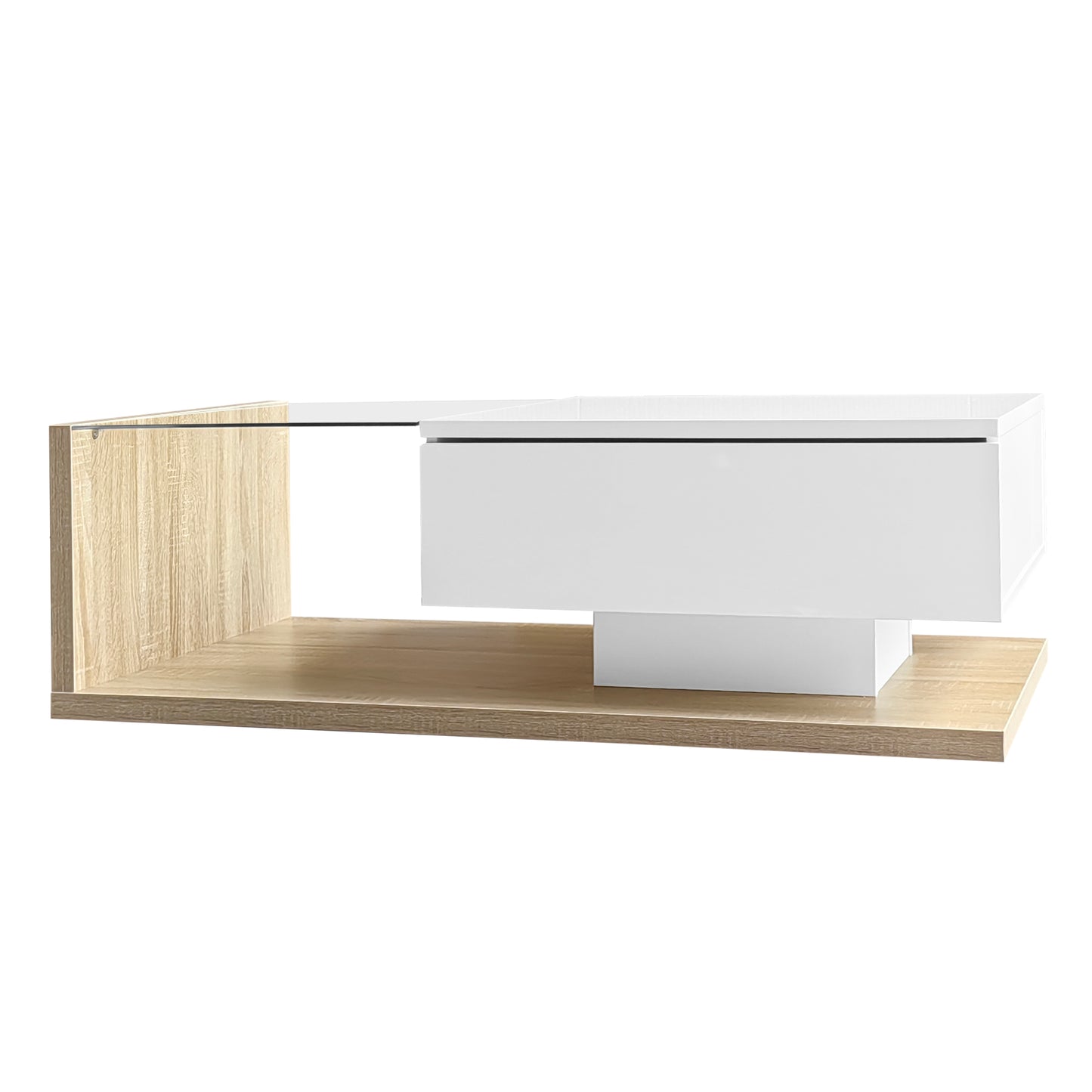 Cavara High-Gloss LED Coffee Table with Glass Top and Storage, White & Wood-Grain