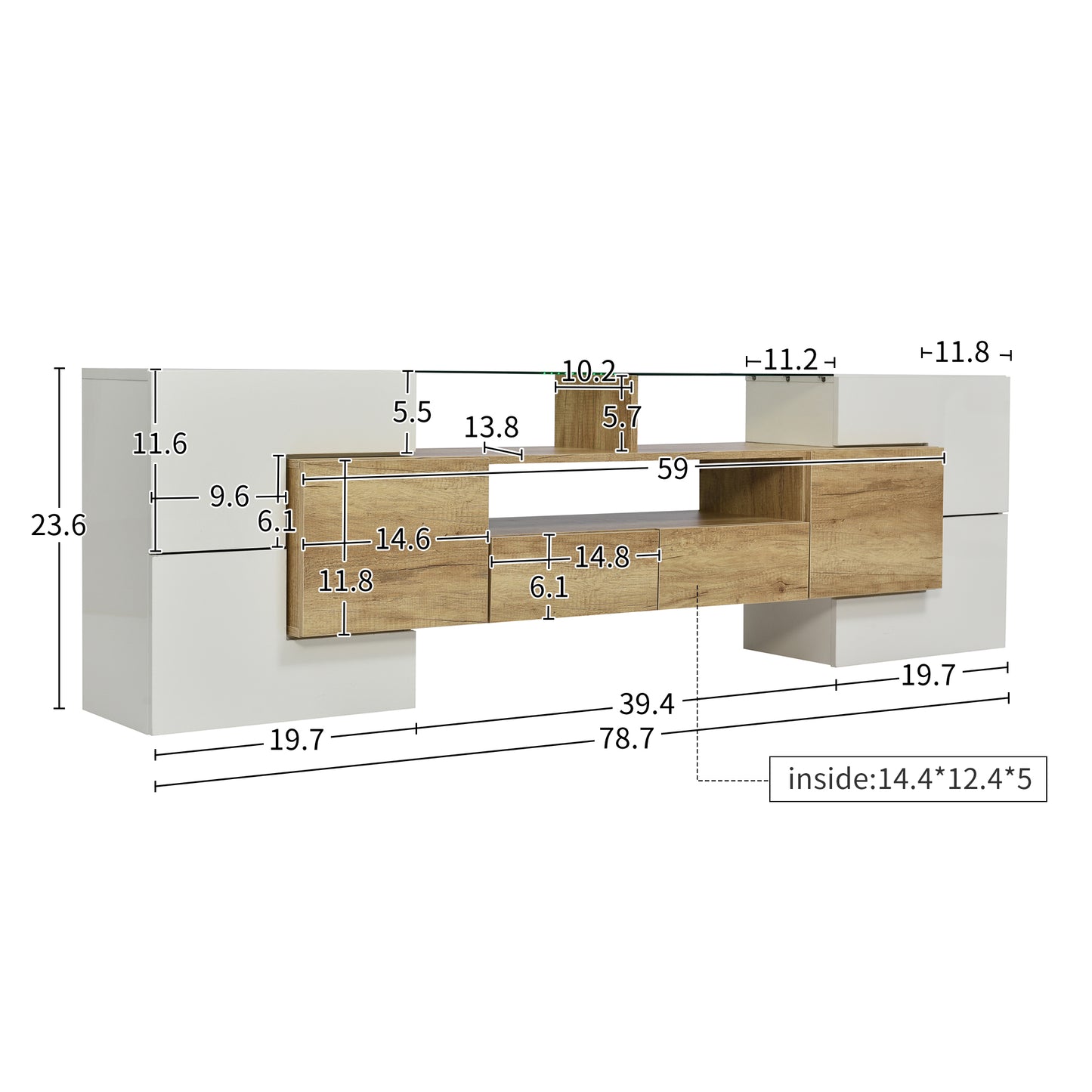 Yorkton TV Stand High-Gloss Modern with LED Lights, 78.7", White and Natural Oak