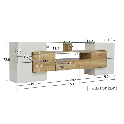 Yorkton TV Stand High-Gloss Modern with LED Lights, 78.7", White and Natural Oak